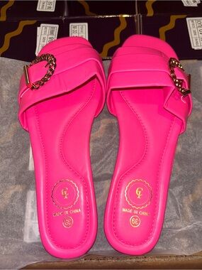 Women's Hot Pink Slide Mules with Gold Chain Accent